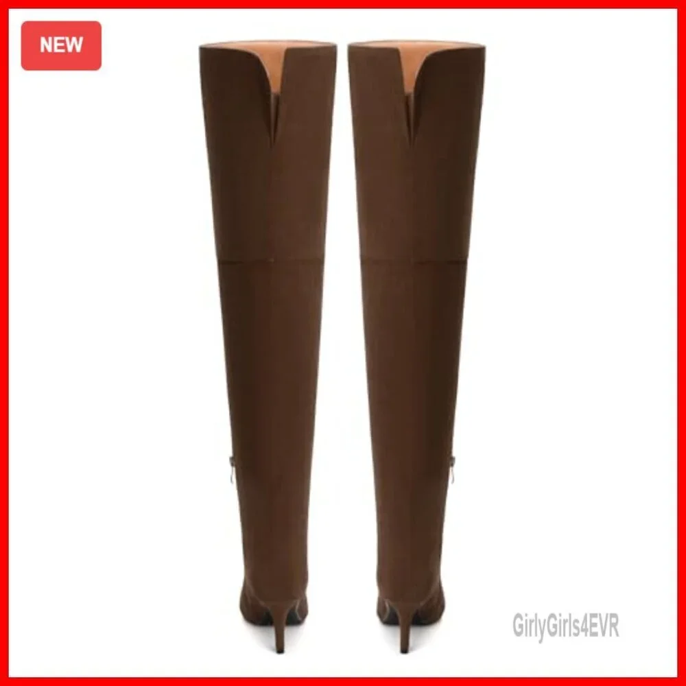 Thigh High Over Knee Boots Pointed Toe 2.4 Inch Heel Wide Calf Side Zipper